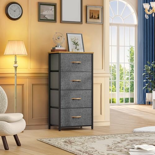 DWVO 4 Drawers Dresser, Small Dresser for Bedroom, Fabric Storage Tower, Chest of Drawers, Organizer Unit for Closets, Living Room, Sturdy Steel Frame, Wooden Top, Easy Pull Handle - color: A - Cool Dark Grey, style: 4-Drawer