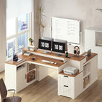 TVU Farmhouse L Shaped Desk with Drawers, 62.2" Home Office Desk with Storage Shelves and Power Outlet, L Shaped Computer Desk with Monitor Stand and Printer Shelf, Brown and White - color: Brown and White
