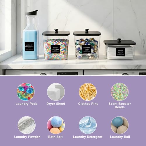 POLRAI Laundry Pod Containers and Dryer Sheet Holder and Laundry Detergent Dispenser Clear Laundry Room Organization and Storage with Wooden Lids Labels and spoon （2+1+1 Pack）