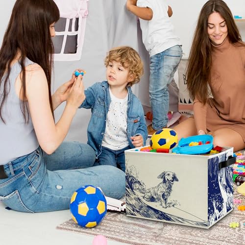 Navy Blue Coastal Dog Storage Bins Box with Handles, Dog Lovers Gifts for Women Men, Nautical Surfing Dogs Collapsible Basket Organizer for Bedroom Bathroom Toys Books Clothes - color: Color07