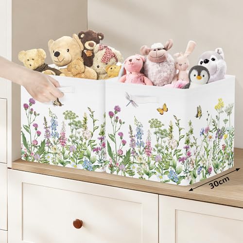 Clastyle Flowers Storage Cube Organizer Set Handle Closet Clothes Cube with Metal Frame Foldable Parents Organizer Storage Basket for Book Toy,Green,11.8x11.8x11.8 in - color: Green