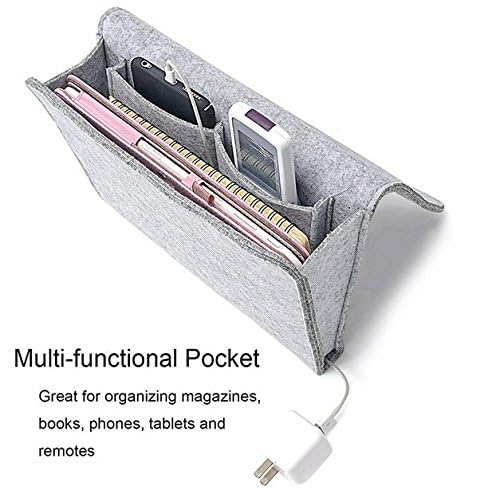 Fengtaike Useful Multi Grey Bed Storage Pockets Felt Bedside Hanging Storage Phone Remote Control Organizer Holder with 2 Inner Pockets for Bed Table Sofa