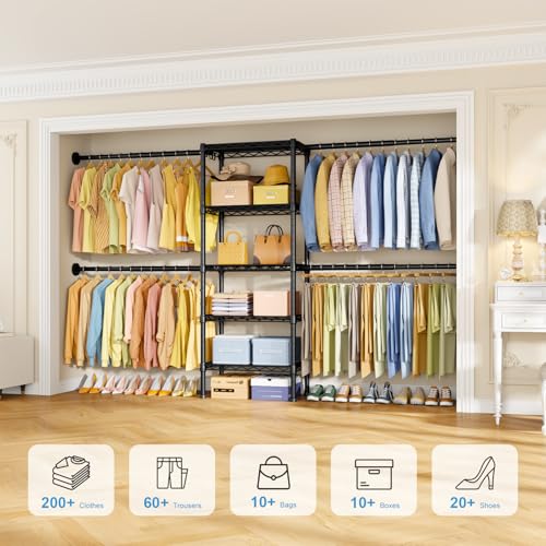 Ulif M2 Wall Mounted Closet System, Clothes Rack Mounted onto the Wall with 4 Expandable Hanger Rods and 5 Metal Shelves, Clothing Organizer Storage in (70.8-102.3)" L x 14.5" D x 71.2" H, Black - color: Black, size: M2