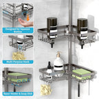 KEGII Corner Shower Caddy Tension Pole with Soap Dish & Razor Holder, Adjustable Bathroom Organizer with Hooks, 25-114.2 Inch Rustproof Storage Shelf for Renters & Apartments, Gunmetal Gray - style: Tension Caddy - Gunmetal Gray