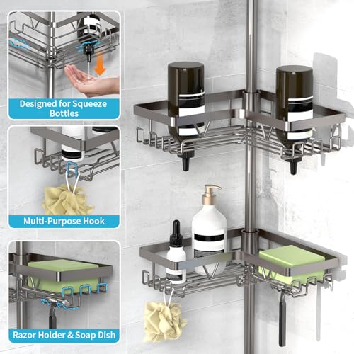 KEGII Corner Shower Caddy Tension Pole with Soap Dish & Razor Holder, Adjustable Bathroom Organizer with Hooks, 25-114.2 Inch Rustproof Storage Shelf for Renters & Apartments, Gunmetal Gray - style: Tension Caddy - Gunmetal Gray