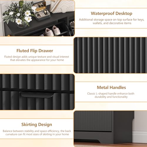 HUANLEGO Shoe Cabinet Storage for Entryway with 3 Flip Drawers, Black Fluted Shoe Cabinet with Adjustable Shelves, Wooden Hidden Shoe Rack Freestanding Narrow Slim Shoes Storage for Hallway, Entrance - color: Black, size: 3 Drawer