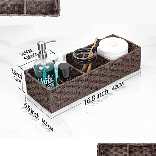 [Larger Compartments] Toilet Tank Topper Paper Basket - Multiuse Hand Woven Plastic Wicker Basket with Divider for Organizing, Rustic Farmhouse Bathroom Decor, Countertop Organizer Storage, Brown - color: Brown