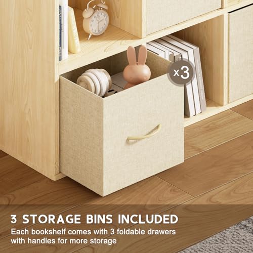 6 Cube Storage Organizer - Solid Wood Bookshelf with 3 Storage Bins, Cube Shelf with 2 Removable Back Panels, Vertical or Horizontal Bookcase, Open Book Shelf for Bedroom, Living Room, Office - size: 6 Cube Shelf