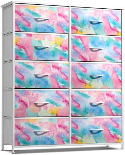 Sorbus Kids Dresser with 10 Drawers - Storage Chest Organizer Unit Nightstand - Steel Frame, Wood Top, Tie-Dye Fabric Bins for Clothes - Wide Furniture for Bedroom, Hallway, Nursery, Closet, Apartment - color: Watercolor, style: 10-Drawer
