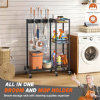 Broom Holder with Cleaning Supplies Organizer, Broom Closet Storage Cabinet with Cleaning Caddy, Cleaning Cart with Mop Hanger Gripper Rack Hooks,Janitorial Cart,Utility Carts Household Essentials - size: Medium