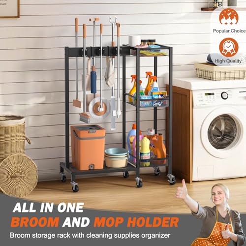 Broom Holder with Cleaning Supplies Organizer, Broom Closet Storage Cabinet with Cleaning Caddy, Cleaning Cart with Mop Hanger Gripper Rack Hooks,Janitorial Cart,Utility Carts Household Essentials - size: Medium