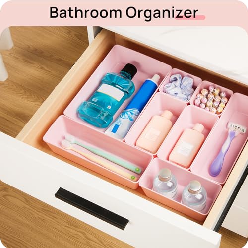 Vtopmart 44 PCS Plastic Drawer Organizers Set, 4-Size Versatile Bathroom and Vanity Organizer Trays, Non-Slip Storage Containers for Makeup, Jewelries, Bedroom，Kitchen Utensils and Office, Pink - color: Pink