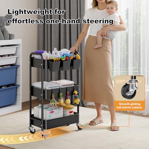 Baby Diaper Caddy Organizer and Storage, 3 Tier Rolling Cart with Wheels for Newborn Nursery Essentials, Baby Organizers for Changing Table, Crib, Bedroom, Movable Bedside Organizatio (Black) - color: Black1, size: 3-Tier + Cups + Hooks