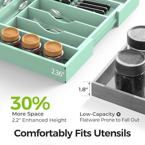 Bamboo Kitchen Drawer Organizer, Expandable Silverware Organizer with Removable Knife Block, 6-8 Slots- Utensil Holder & Cutlery Tray Drawer Dividers, 2.36" Deep for Extra Capacity, Cyan - color: Cyan