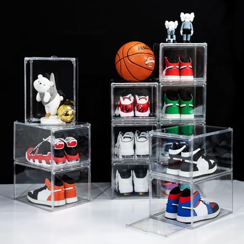 12 Pack Shoe Boxes, Clear Acrylic Stackable Plastic Sneaker Box Container, Magnetic Drop & Side Open Shoe Organizer Case Container With Lids Fits Up to Size 14 (Clear) - color: Clear