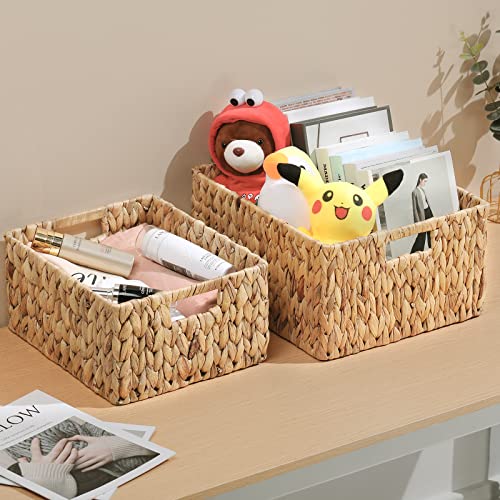 HOONEX Water Hyacinth Storage Baskets, Wicker Baskets for Organizing, Hand Woven Baskets with Carry Handles, Set of 2, Natural - color: Natural (Water Hyacinth), size: 15 x 12.8 x 7.5 inches