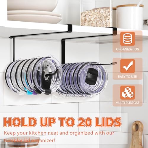 2 Pack Tumbler Lid Organizer, Horizontal Tumbler Lid Storage Hook Up to 20 Lids, Space Saving Cup Lid Holder Under Cabinet Tumbler Lid Hook for Kitchen Organizer, Paper Towel Hanger(Round&Flat, Black) - color: Black, size: 2 Pack(Round&Flat)