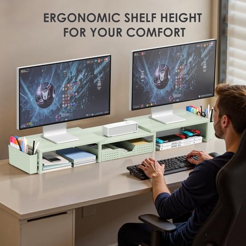 OPNICE Desk Organizers and Accessories, Dual Monitor Stand Riser with Drawer and 2 Pen Holders, Desk Shelf Metal Computer Monitor Stand for Office Workspace Organizers, Desktop Organization (Green Metal) - color: Green Metal, size: With drawer and pen hol