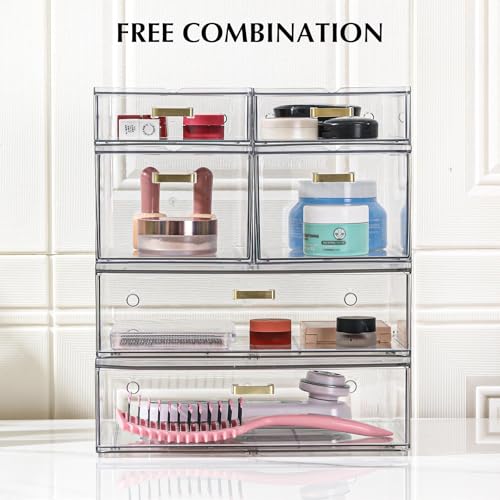LALOBLUE Stackable Storage Drawers, 6 Pack Clear Acrylic Organizer Bins with Golden Handles, Multi-Size Plastic Drawers for Makeup, Vanity, Kitchen, Bathroom, Office, Pantry Organization and Storage - style: 6 Pack