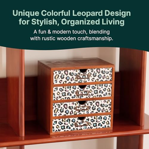 Colorful Leopard Print Wooden Desk Organizer - 4-Drawer Desktop Storage Cabinet for Office Supplies, Craft Tools & Home Organization - Trendy Wood Design for Crafters, Art Enthusiasts, Students - color: Multi-Color Leopard