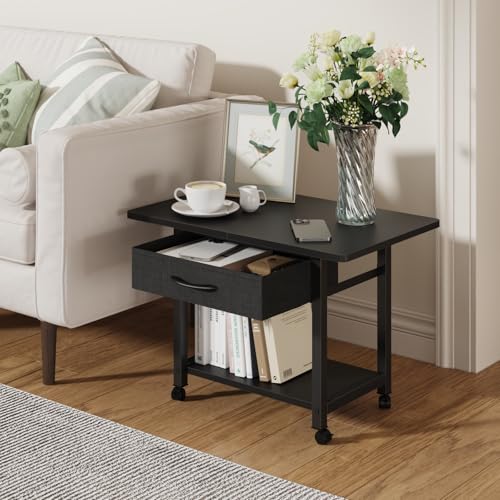 YAOHUOO 22"x15" Large Printer Stand with Storage Drawer, 2-Tier Under Desk Printer Table for Home Office, Printer Cart fit Fax Machine/3D Printer/Scanner(Black) - color: Black, size: 2-Tier