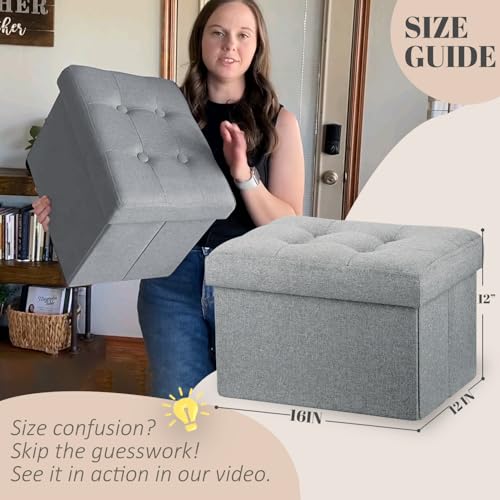 LINMAGCO Ottoman Storage Ottoman with Storage Small Foot Rest Stool Under Desk Stool Short Folding Footrest Linen Cloth Light Gray 16X12X12IN - color: Light Grey(linen), size: 16"X12"X12"