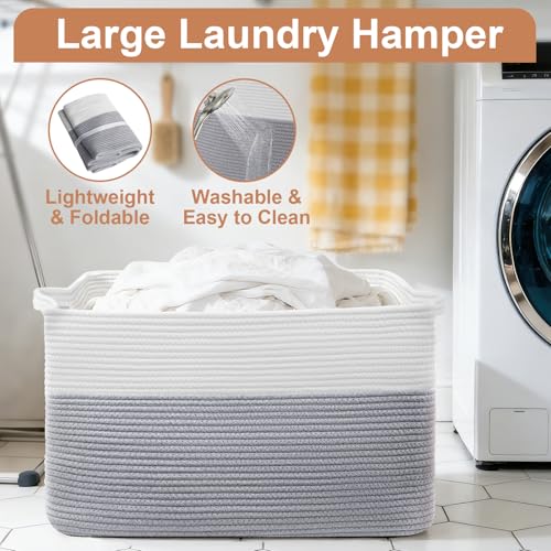 75L Large Blanket Basket, Rectangular Cotton Rope Basket, Laundry Hamper for Blankets, Pillows, Extra Large Toys Storage Bins for Kids, Dogs 22" x 17" x 12", White & Gray - color: Gray & White, size: 22" x 17" x 12"