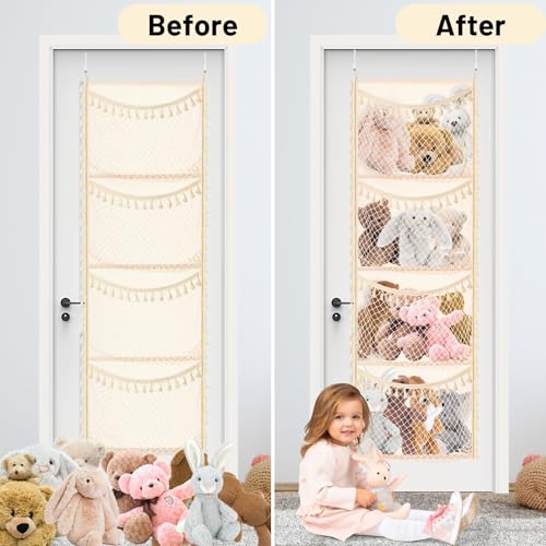 Over The Door Stuffed Animal Storage, Cotton Toy Organizer for Storage Plush Toys,Baby Supplies, Stuffed Animal Holder with 4 Large Pockets, Hanging Door Organizer for Nursery, Bedroom (Tassel) - color: Tassel, size: Normal