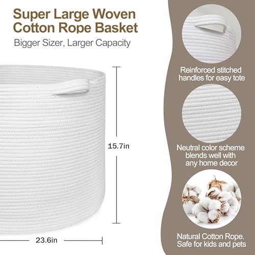 MEGASKET 115L White Cotton Rope Storage Basket, 23.6"x15.7" Extra Large Blanket Storage Living Room, XXXL Soft Toy Bin for Organizing, Woven Baby Laundry Basket with Handle, Wicker Hamper Nursery - color: White, size: 23.6"x23.6"x15.7"