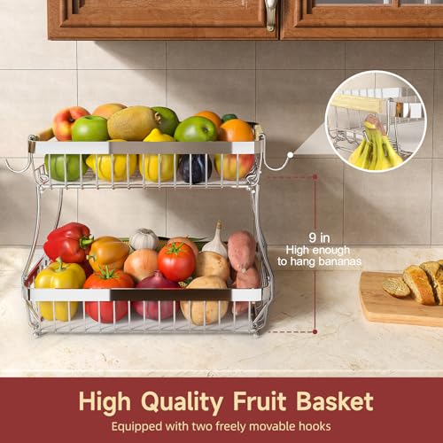 Sevenblue 2 Tier Large Fruit Basket for Kitchen Counter with 2 Mobile Banana Hangers, 2026 Pro Detachable Metal Fruit Bowl with Wooden Handle (Silver, 2 Tier Extra Large) - color: Silver, size: 2 Tier Extra Large