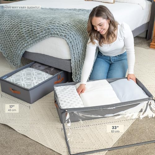 OrganiHaus Under Bed Storage Containers, Bedroom Storage and Organization Bins, Clothes Organizer for Closet with Clear Cover and Reinforced Handles - Set of 2 33x17x6 inches Gray - color: Gray