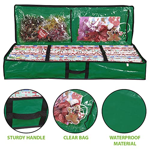 ProPik Wrapping Paper Storage Containers | Gift Wrap Organizer Under Bed 41”x14”x6” Fits 18-24 Rolls Fit Up to 40” Long Roll Wrap Storage Box Holder with Pockets for Ribbon Bows Etc (Green) - color: Green