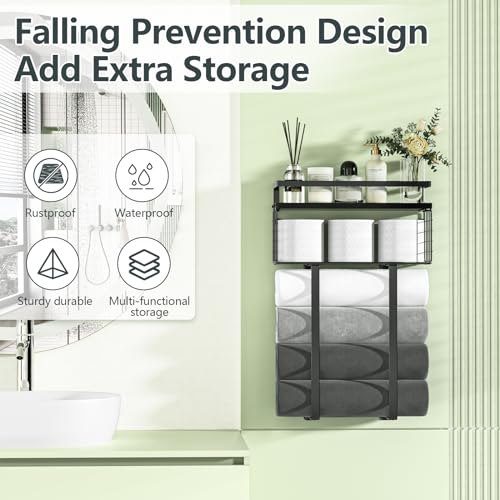 Xstydes Towel Racks for Bathroom, Metal Towel Holder with Storage Basket,Wall Towel Rack for Rolled Towels, Towel Storage for Small Bathroom,Black - color: Black, size: Large