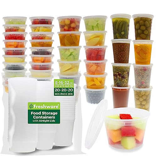 Freshware Food Storage Containers with Lids [8/16/32 oz x 20 each, 60 sets] Deli Containers, Microwave and Freezer Safe, Stackable, Leakproof, BPA Free, Clear - size: 8, 16, 32 oz [60 Set]