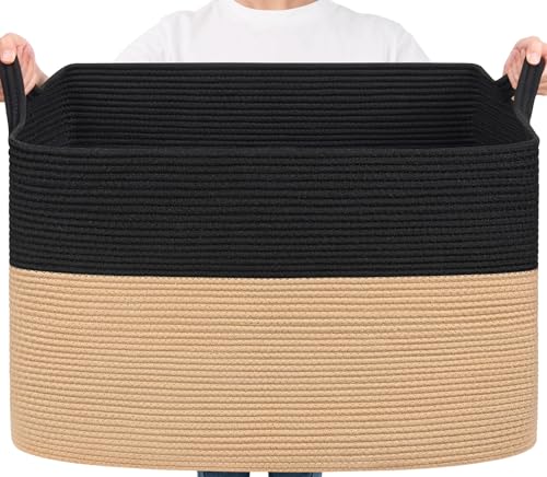 Goodpick 105L Extra Large Woven Blanket Basket Cotton Rope Storage Baskets for Organizing, Kids Toy Storage Organizer for Living Room Nursery, 25"x16"x16", Black & Jute - color: Black Camel, size: XX-Large(25"L x 16"W x 16"H)