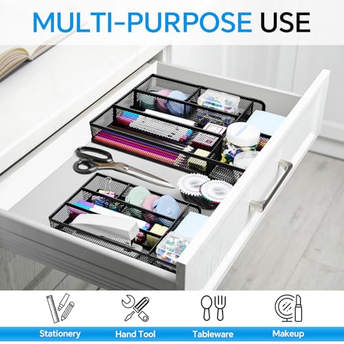 Desk Drawer Organizer, Office Drawer Divider Organizer Tray with 6 Compartments, Metal Mesh Desktop Organization and Accessories for Stationery Makeup Kitchen Toolroom School ＆ Office - size: Small-2 Pack