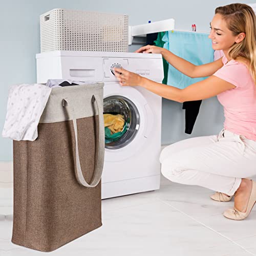 i BKGOO Laundry Basket with Handles Beige&Brown Slim Laundry Bin Collapsible Dirty Clothes Basket Narrow Laundry Bag Foldable Dirty Hamper for Camping, Dorms, Apartments - color: Beig&Brown