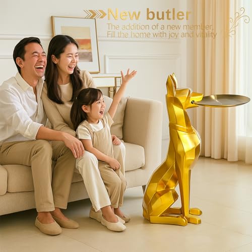 3D Large Dog Sculpture Tissue Box Cover & Key Holder Stand – Golden Resin Side Table, Multipurpose Entryway Organizer with 11.8" Detachable Tray, Cute Door Side Art Ornaments Living Room Figurine