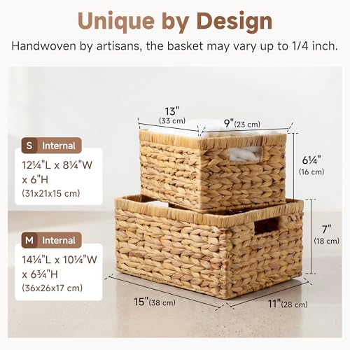 StorageWorks Wicker Storage Baskets, Handwoven Water Hyacinth Basket for Organizing, Decorative Organizers with Built-in Handles, Set of 2 - color: Natural (Water Hyacinth), size: 15"L x 11½"W x 7"H + 13"L x 9"W x 6¼"H