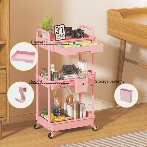 3 Tier Rolling Utility Cart with Drawer, Plastic Storage Organizer Rolling Carts with Wheels Handles Hanging Cups Hooks for Office, Bathroom, Kitchen,Craft Art Room (Pink) - color: Pink, size: 3-Tier