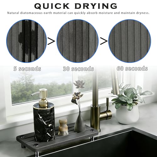 2PCS Instant Dry Sink Caddy for Bathroom Counter, Durable Kitchen Sink Organizer, Diatomite Stone Drying Tray, Upgrade Water Absorbing Stone Tray for Sink, Anti-Slip Stone Soap Tray -Dark Gray - color: 2pcs Dark Gray Metal Foot 3stripes