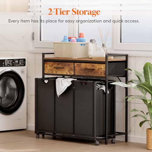 Lifewit Laundry Hamper 3 Section, Large Rolling Laundry Sorter with Shelf & 2 Drawers, Pull-Out Laundry Basket Organizer with Wheels and Removable Bag for Laundry Room Bathroom, Rustic Brown and Black - color: Rustic Brown