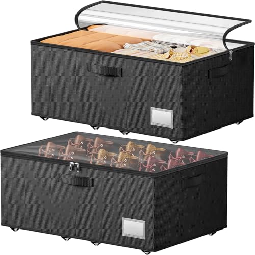 Dayacoco Underbed Storage with Wheels, 2 Pack Under Bed Storage Containers with Clear Lids, No Assembly Required 10.1 inch Rolling Under Bed Storage for Clothes, Blankets - size: 10.1 inch height-black