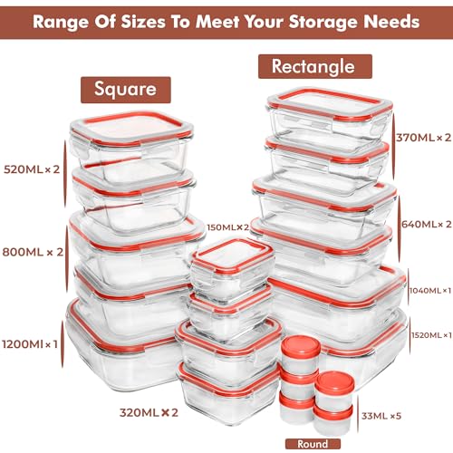 Razab 35 Pc Set Glass Food Storage Containers with Lids - Meal Prep Airtight Bento Boxes BPA-Free 100% Leak Proof (15 lids,15 glass & 5 Plastic Sauce/Dip Containers) - color: Cherry Red