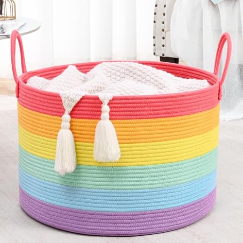 Rainbow Toy Basket, 20"x13" Extra Large Kids Toy Storage for Playroom Classroom Nursery, Woven Rope Blanket Basket with Handles, Stuffed Animal Organizer & Dog Toys Basket - color: Rainbow - Wide