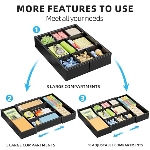 Marbrasse Expandable Desk Drawer Organizer, Clear Plastic Drawer Organizer Tray with 10 Adjustable Compartments, Desk Organizers and Accessories, 5 Drawer Dividers for Office Supplies, Makeup(Black) - color: Black