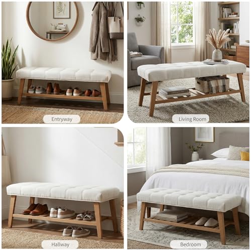 Wooden Entryway Bench for End of Bed Bench with Shoe Shelf Farmhouse Button Tufted Linen Fabric Upholstered Hallway Bench for Living Room/Bedroom/Hallway/Window Corner, Ivory - color: Ivory