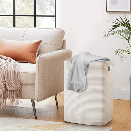 MEGASKET Large Laundry Hamper 16"x13"x22" - Tall Woven Laundry Basket, Cotton Rope Dirty Clothes Hamper, Baby Kids Nursery Wicker Laundry Basket, Bedroom Aesthetic, Soft Laundry Bin, White Hamper, 75L - color: White