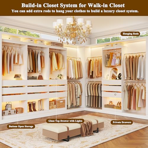 HUAHUU Freestanding 2FT Closet System with 3 Wood Drawers & Glasstop, 24" Closet Organizer System with Hanging Rod & LED Lights, Walk-in Closet Systems for Small Closets, White (24"L x 16" W x 80" H)