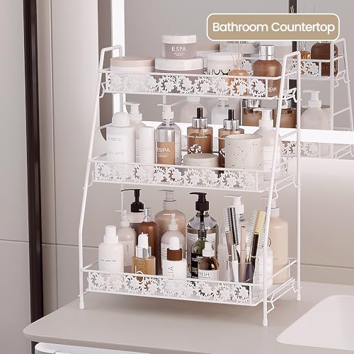 3 Tier Shelf Organizer,Large Size Storage Rack,Counter Organiztion for Bathroom Countertop Shelf for Spice Racks Snacks,for Kitchen/Sink/Bedroom/Living Room/Office/Plant Rack Full Metal - color: White